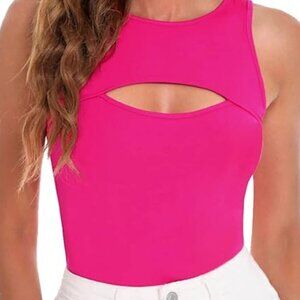 Casual Cut Out Sleeveless Round Neck Slim Fitted Tank Top Hot Pink